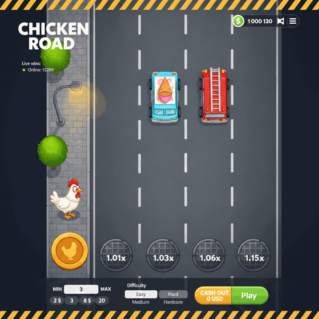 Chicken Road crash game by InOut showing a cartoon chicken crossing a multi-lane road with traffic, manhole cover multipliers marking each lane, and urban scenery including trees and street lamps on the starting sidewalk